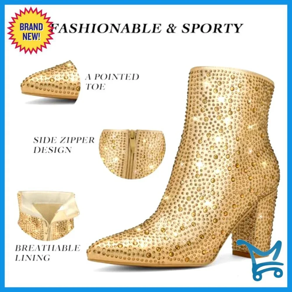 Rhinestone Ankle Boots with Chunky Block Heel, Pointed Toe, Sparkly Glitter